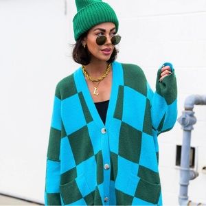 ISO!! LALA ORIGINAL: LOVE YOU OVERSIZED CHECKERBOARD CARDIGAN GREEN + BLUE M/L